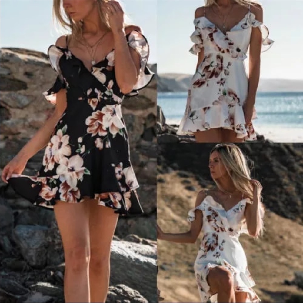 Black Floral Ruffle Off Shoulder Mini Dress NEW - Picture 4 of 8